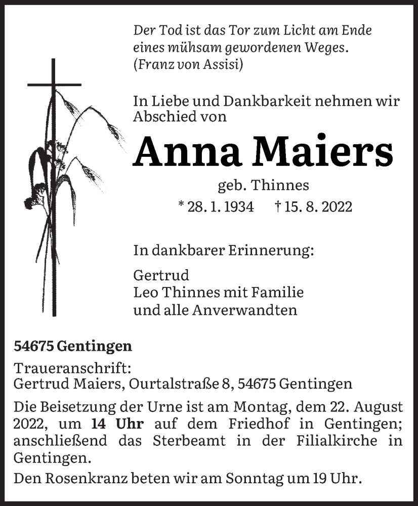 Traueranzeigen von Anna Maiers | Volksfreund.Trauer.de