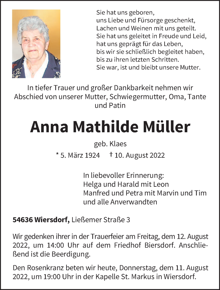  Traueranzeige für Anna Mathilde Müller vom 11.08.2022 aus trierischer_volksfreund