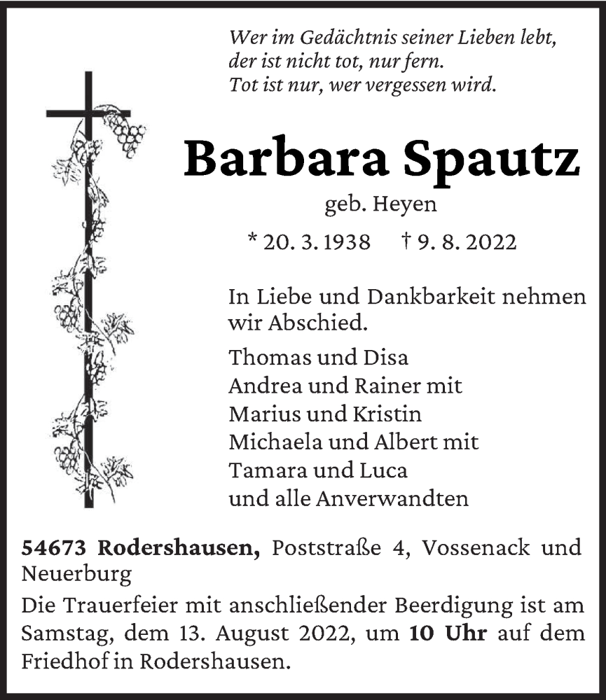  Traueranzeige für Barbara Spautz vom 11.08.2022 aus trierischer_volksfreund