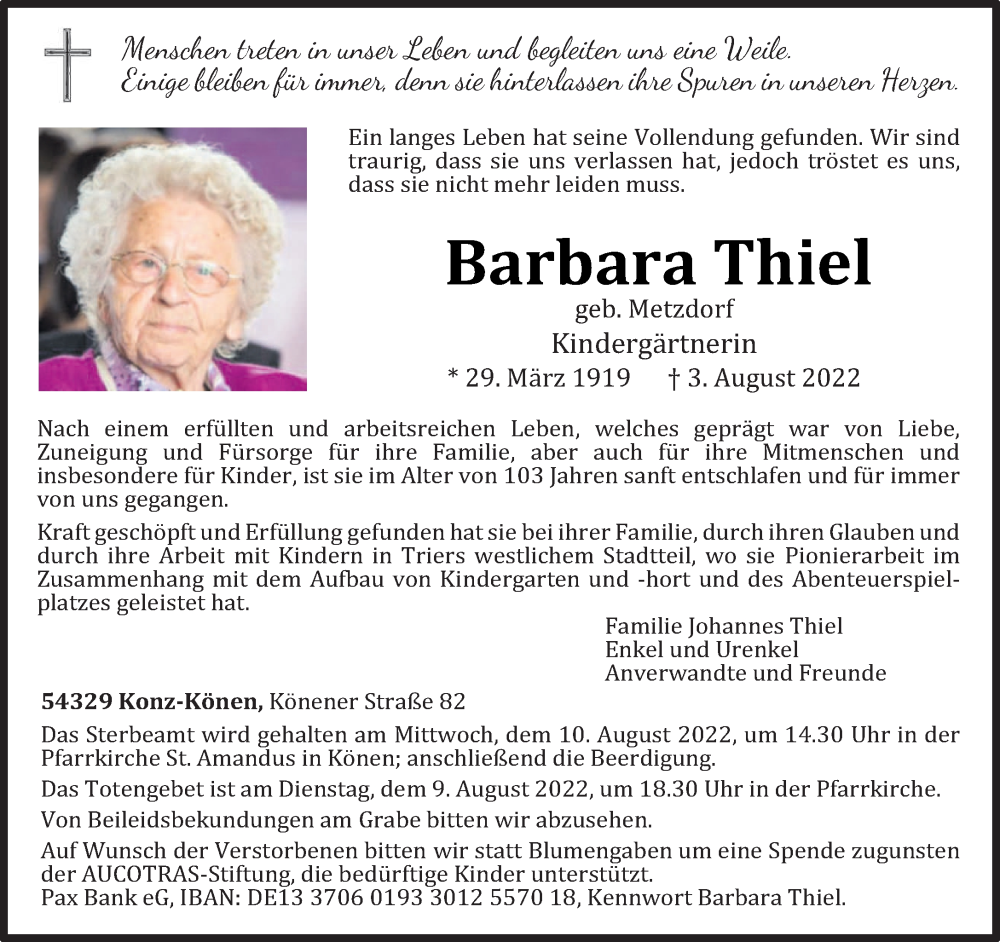  Traueranzeige für Barbara Thiel vom 06.08.2022 aus trierischer_volksfreund