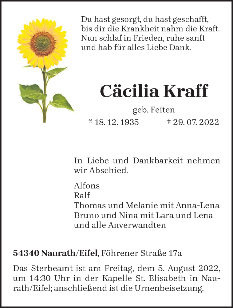  Traueranzeige für Cäcilia Kraff vom 03.08.2022 aus trierischer_volksfreund