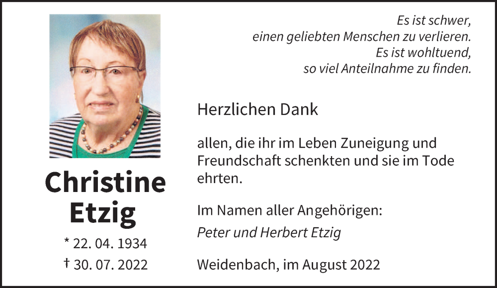  Traueranzeige für Christine Etzig vom 20.08.2022 aus trierischer_volksfreund