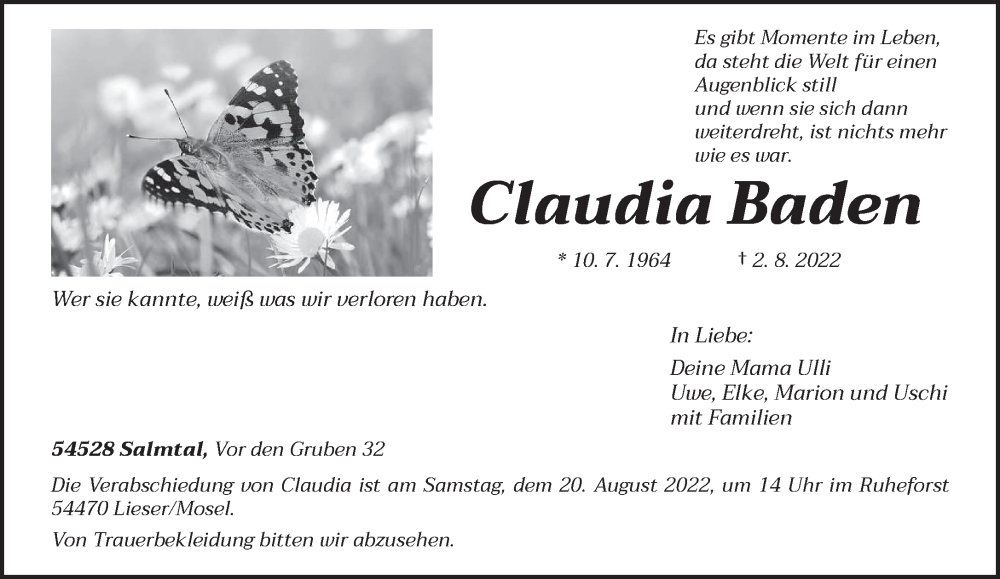  Traueranzeige für Claudia Baden vom 15.08.2022 aus trierischer_volksfreund