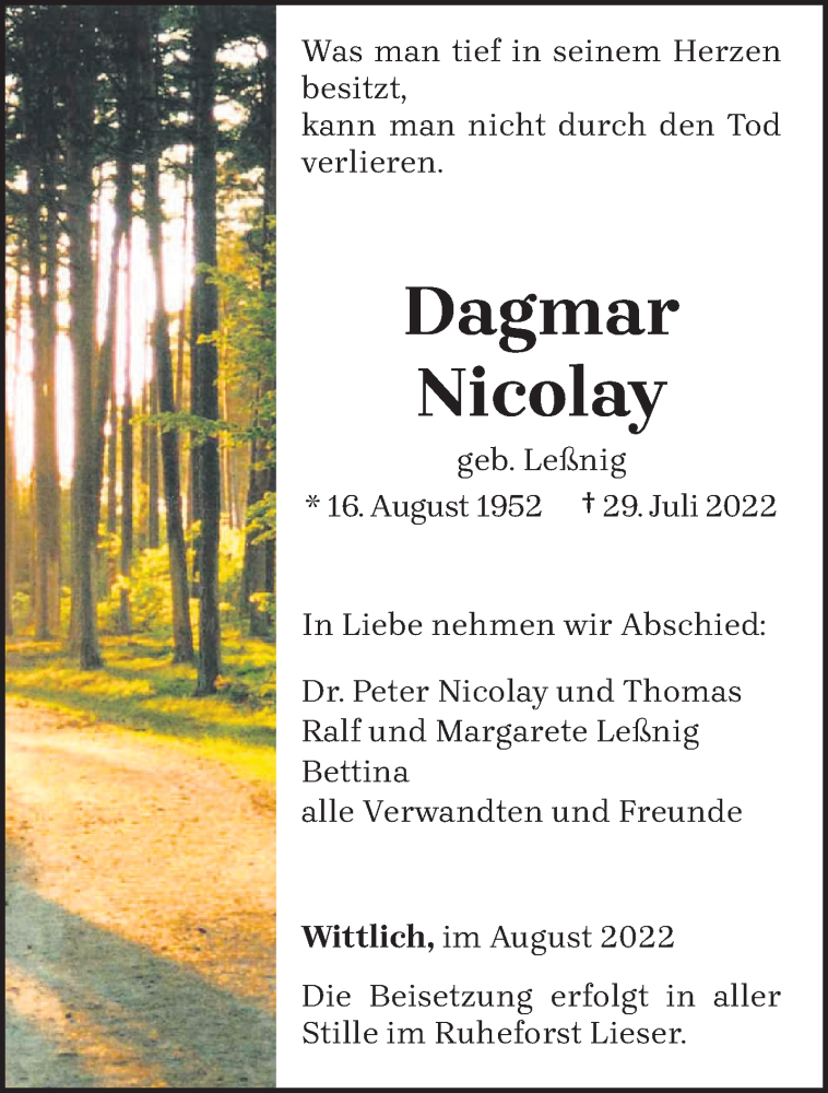  Traueranzeige für Dagmar Nicolay vom 06.08.2022 aus trierischer_volksfreund