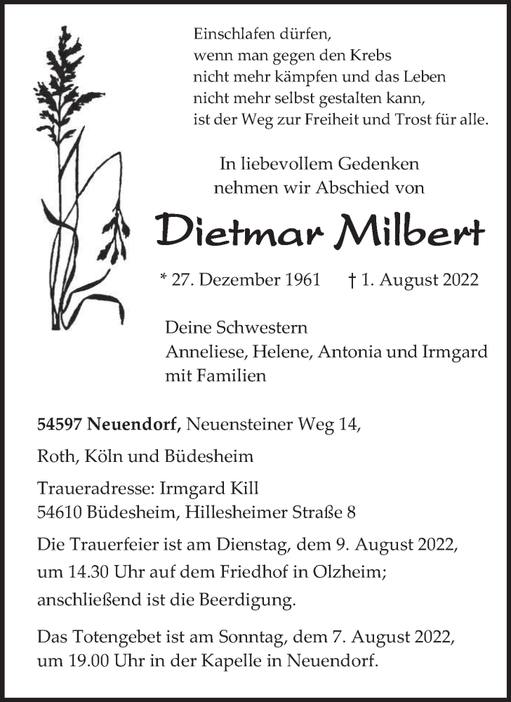  Traueranzeige für Dietmar Milbert vom 04.08.2022 aus trierischer_volksfreund