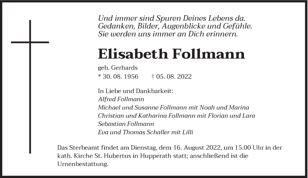  Traueranzeige für Elisabeth Follmann vom 11.08.2022 aus trierischer_volksfreund
