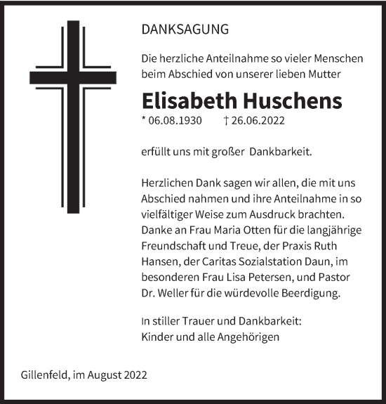 Traueranzeige von Elisabeth Huschens von trierischer_volksfreund