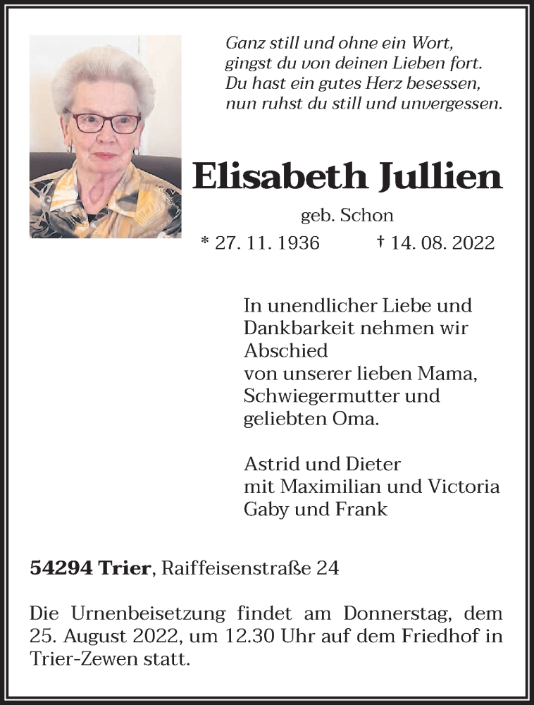  Traueranzeige für Elisabeth Jullien vom 20.08.2022 aus trierischer_volksfreund