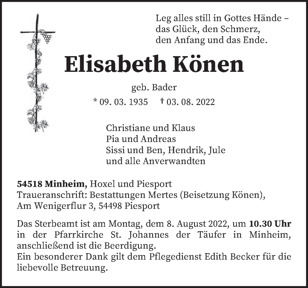  Traueranzeige für Elisabeth Könen vom 06.08.2022 aus trierischer_volksfreund