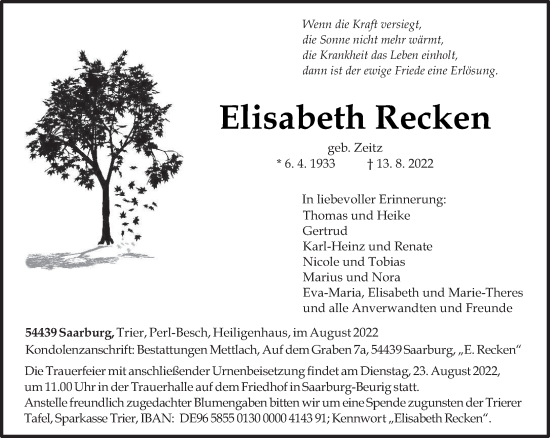 Traueranzeige von Elisabeth Recken von trierischer_volksfreund