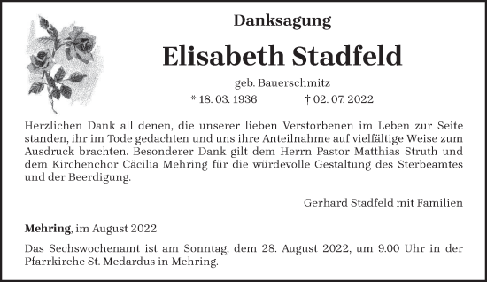 Traueranzeige von Elisabeth Stadfeld von trierischer_volksfreund