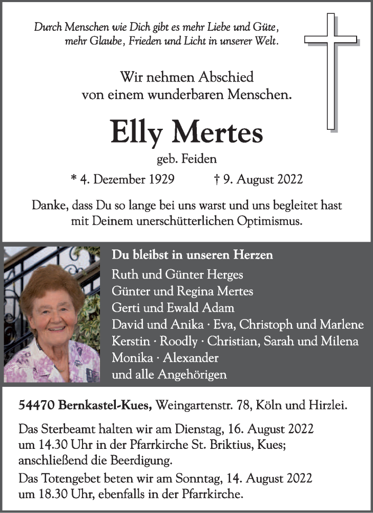  Traueranzeige für Elly Mertes vom 13.08.2022 aus trierischer_volksfreund