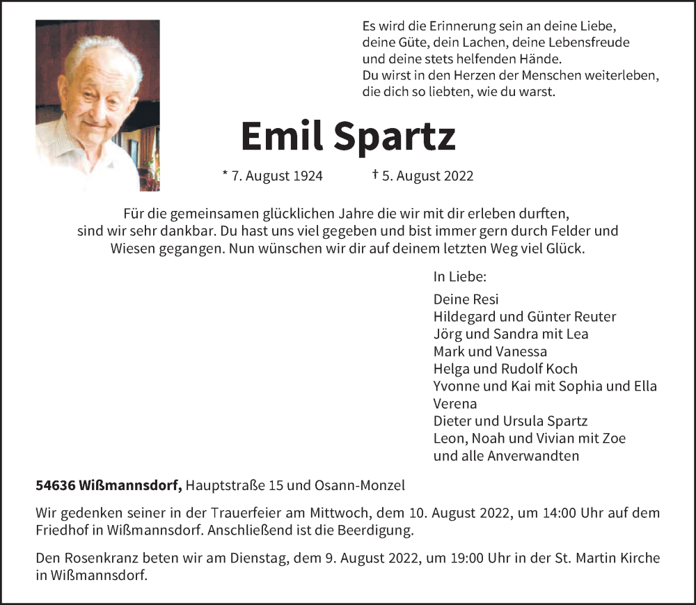  Traueranzeige für Emil Spartz vom 08.08.2022 aus trierischer_volksfreund