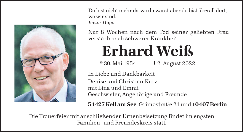  Traueranzeige für Erhard Weiß vom 06.08.2022 aus trierischer_volksfreund