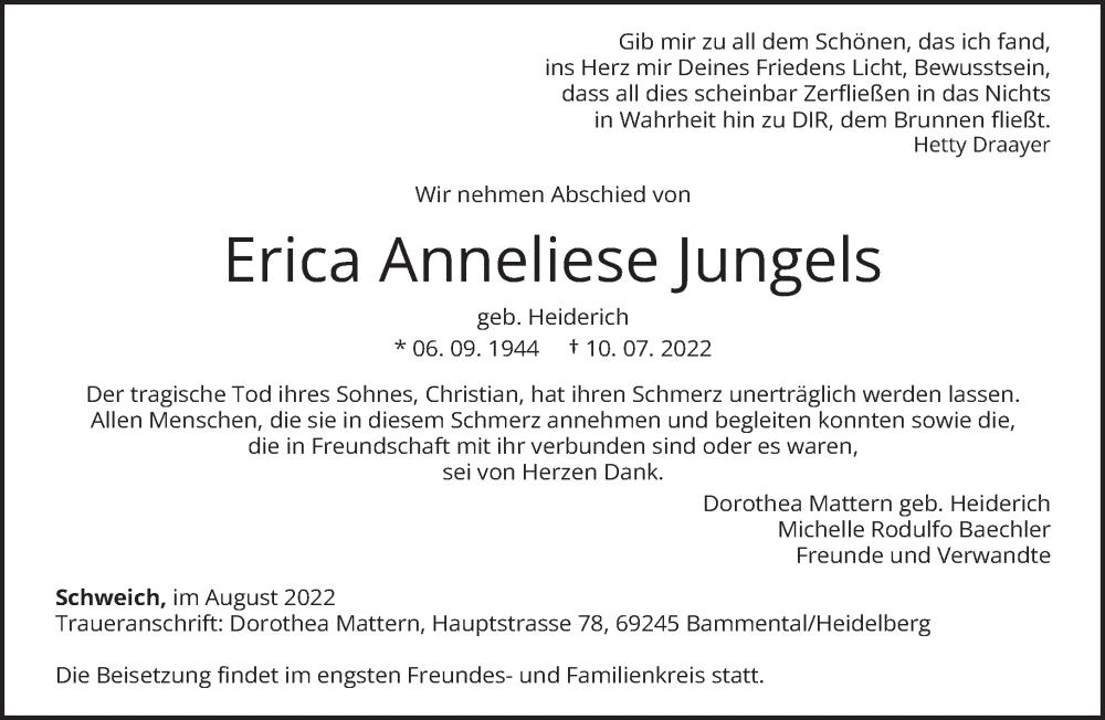  Traueranzeige für Erica Anneliese Jungeis vom 06.08.2022 aus trierischer_volksfreund