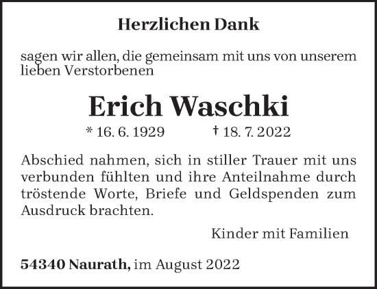 Traueranzeige von Erich Waschki von trierischer_volksfreund