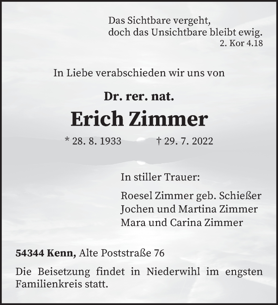  Traueranzeige für Erich Zimmer vom 06.08.2022 aus trierischer_volksfreund