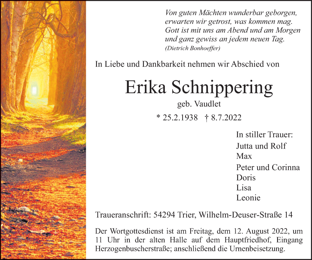  Traueranzeige für Erika Schnippering vom 06.08.2022 aus trierischer_volksfreund