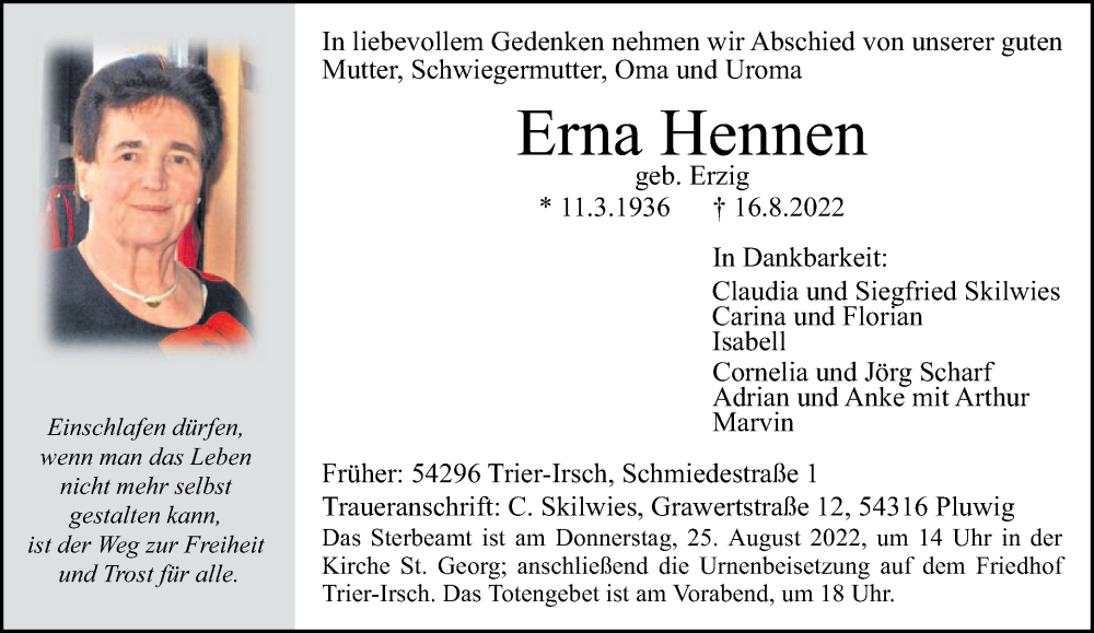  Traueranzeige für Erna Hennen vom 20.08.2022 aus trierischer_volksfreund