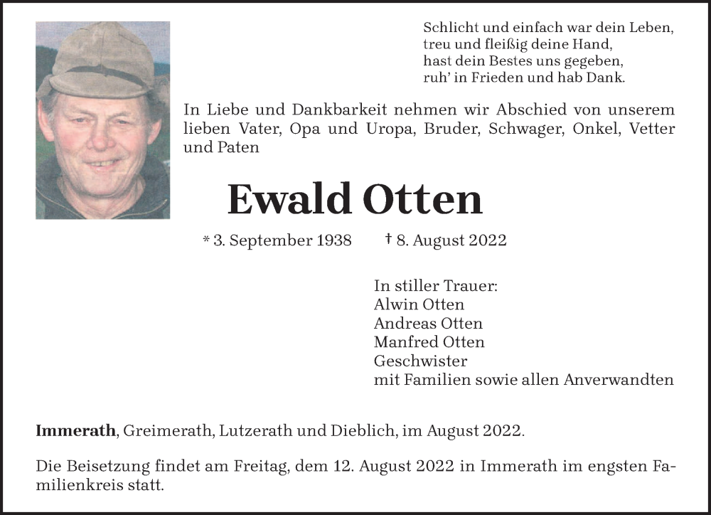  Traueranzeige für Ewald Otten vom 10.08.2022 aus trierischer_volksfreund