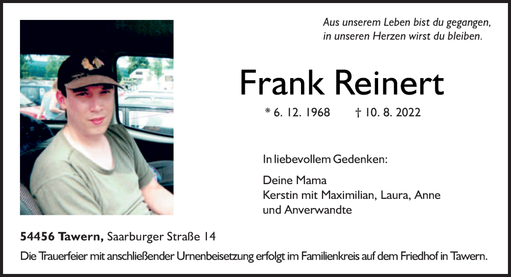  Traueranzeige für Frank Reinem vom 23.08.2022 aus trierischer_volksfreund