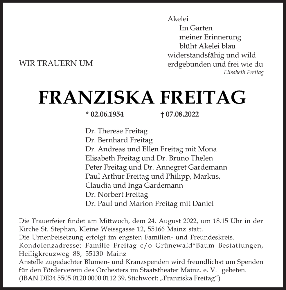  Traueranzeige für Franziska Freitag vom 13.08.2022 aus trierischer_volksfreund