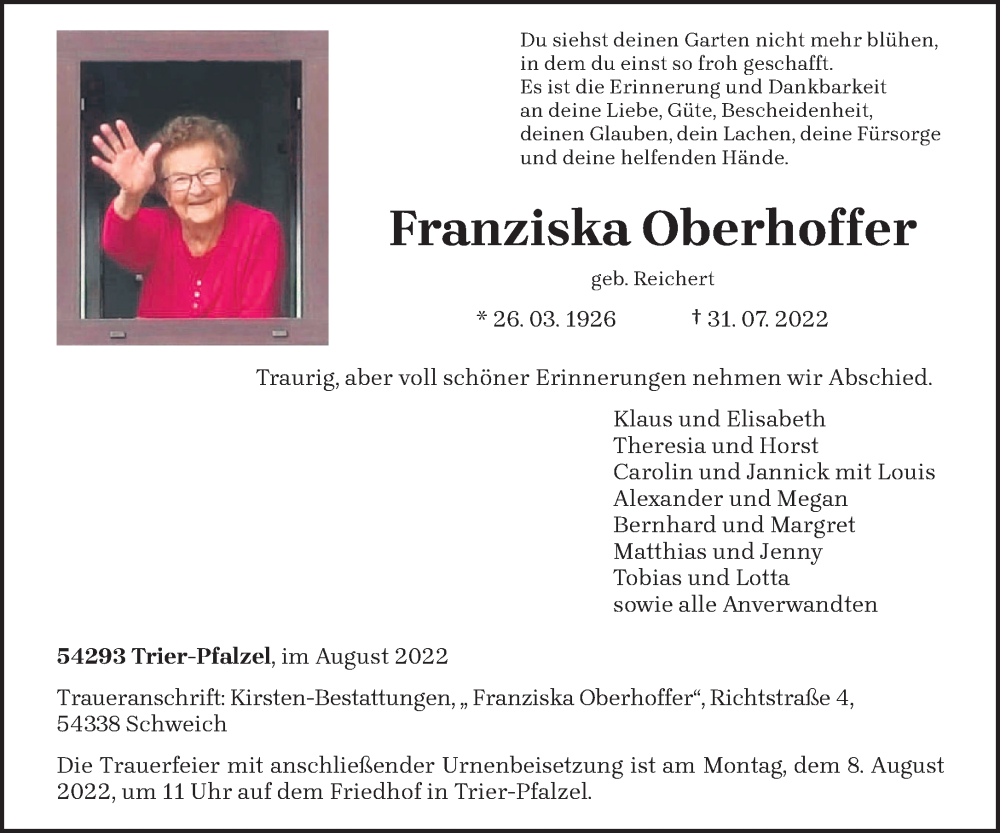  Traueranzeige für Franziska Oberhoffer vom 05.08.2022 aus trierischer_volksfreund