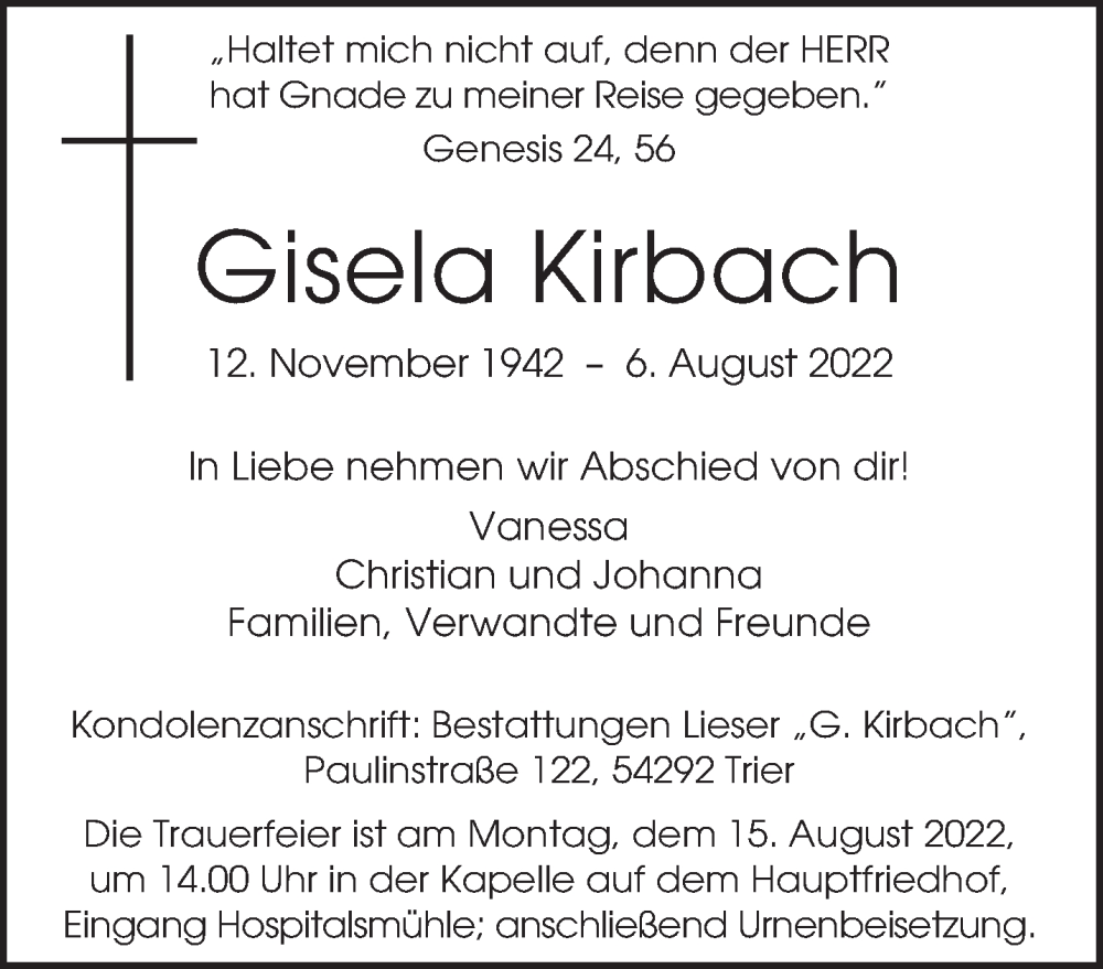 Traueranzeige für Gisela Kirbach vom 10.08.2022 aus trierischer_volksfreund