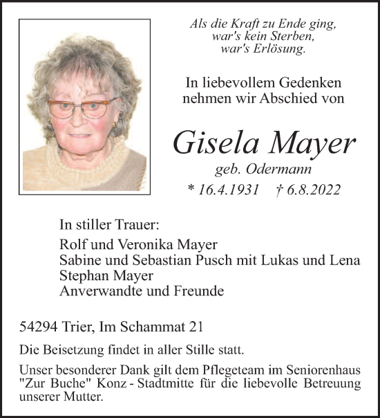 Traueranzeige von Gisela Mayer von trierischer_volksfreund