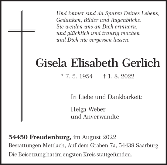 Traueranzeige von Gisela Elisabeth Gerlich von trierischer_volksfreund