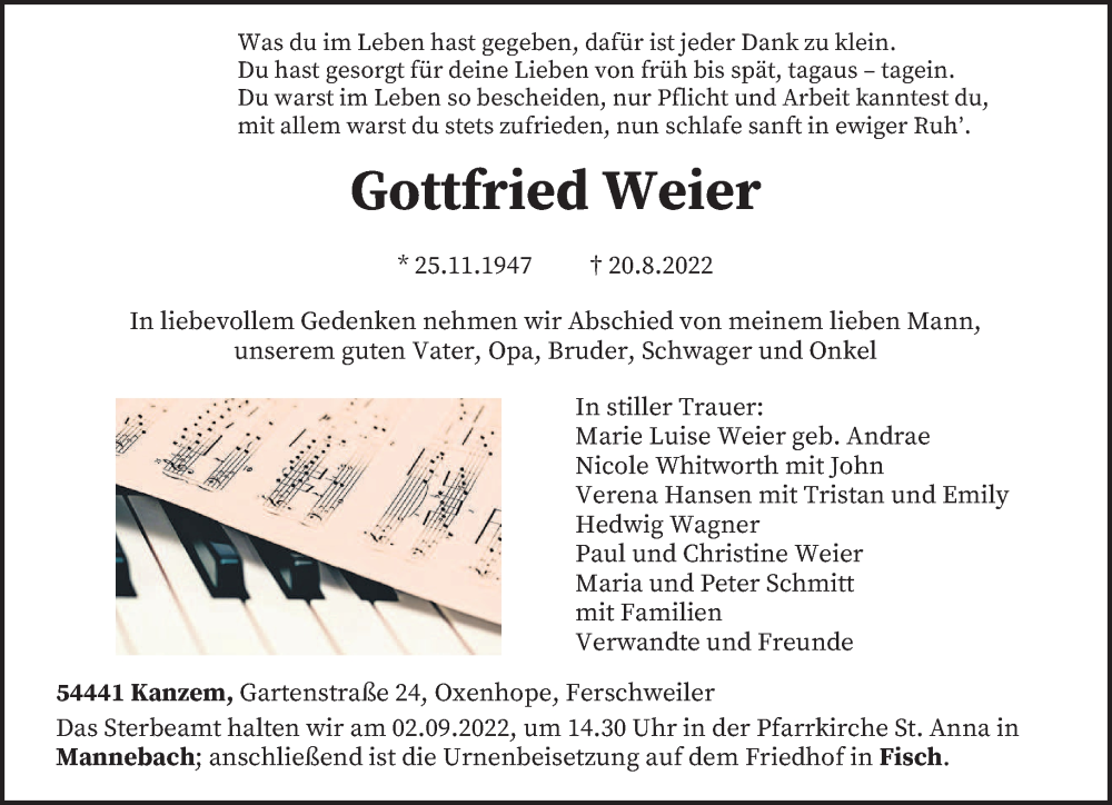  Traueranzeige für Gottfried Weier vom 30.08.2022 aus trierischer_volksfreund