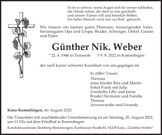 Traueranzeige von Günther Nik. Weber von trierischer_volksfreund