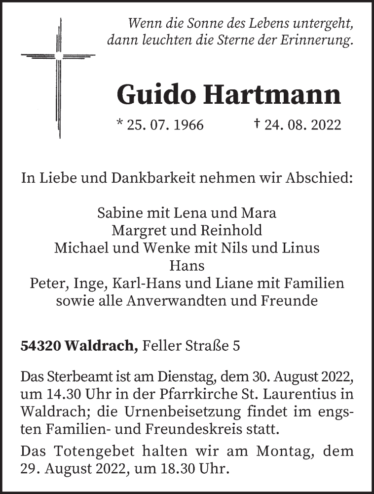  Traueranzeige für Guido Hartmann vom 27.08.2022 aus trierischer_volksfreund