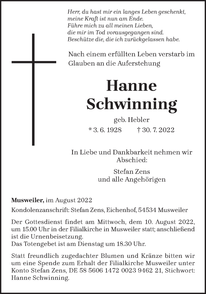  Traueranzeige für Hanne Schwinning vom 05.08.2022 aus trierischer_volksfreund