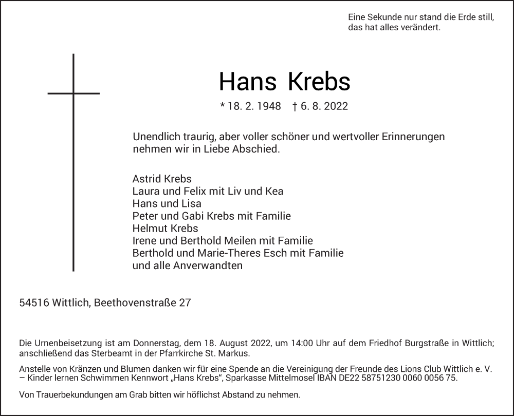  Traueranzeige für Hans Krebs vom 13.08.2022 aus trierischer_volksfreund