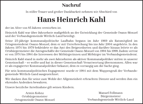 Traueranzeige von Hans Heinrich Kahl von trierischer_volksfreund