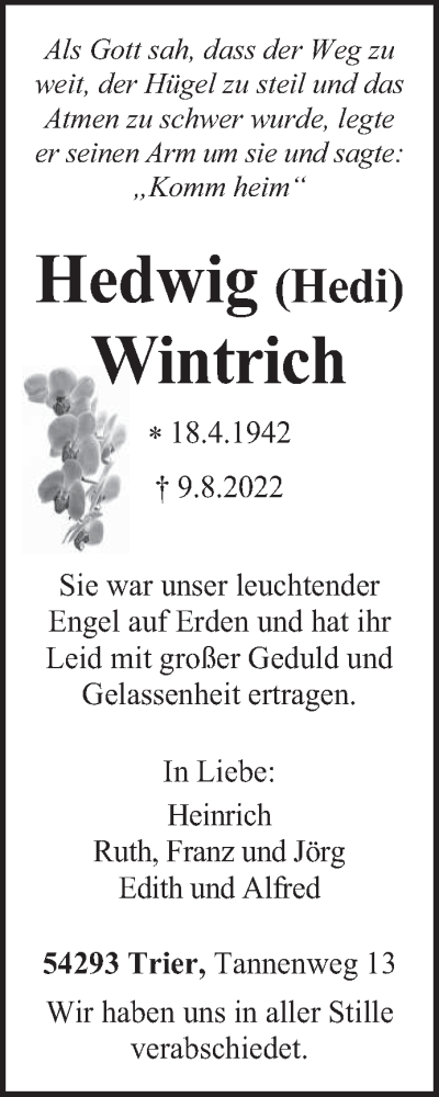  Traueranzeige für Hedwig Wintrich vom 18.08.2022 aus trierischer_volksfreund