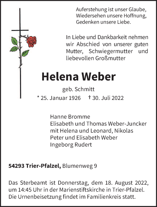 Traueranzeige von Helena Weber von trierischer_volksfreund