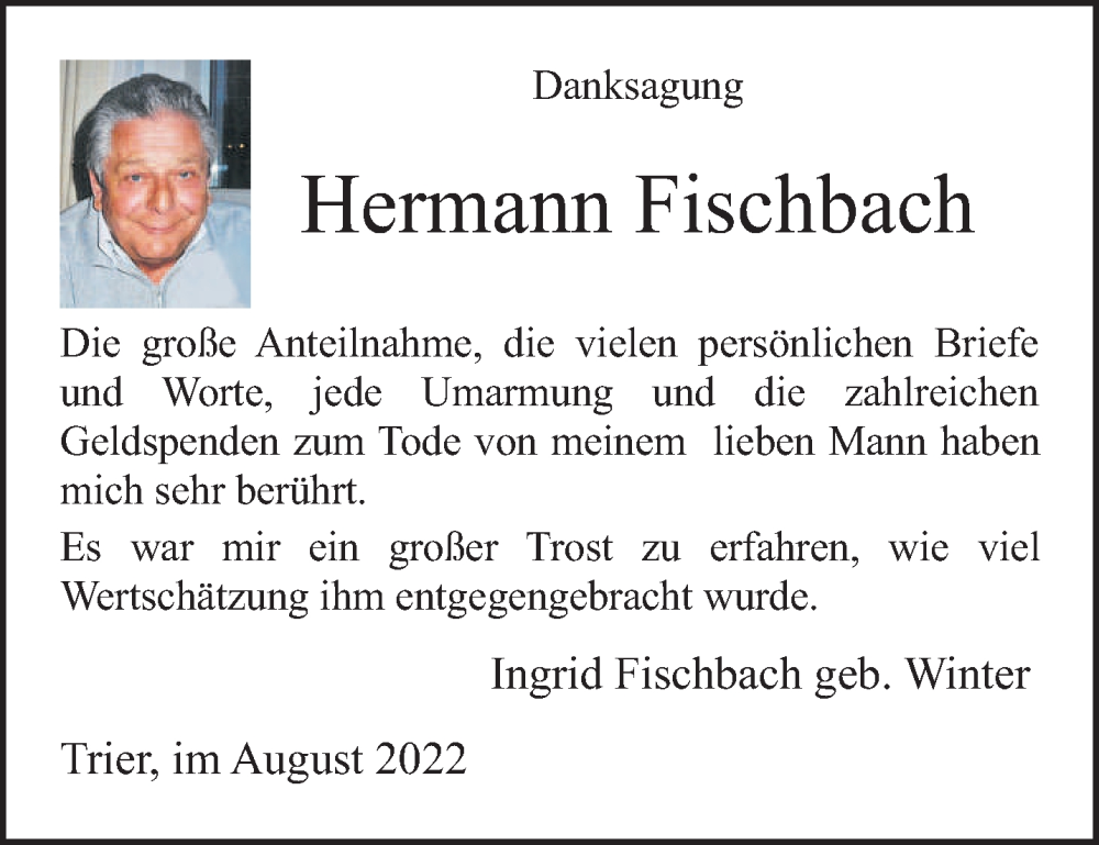 Traueranzeige für Hermann Fischbach vom 10.08.2022 aus trierischer_volksfreund
