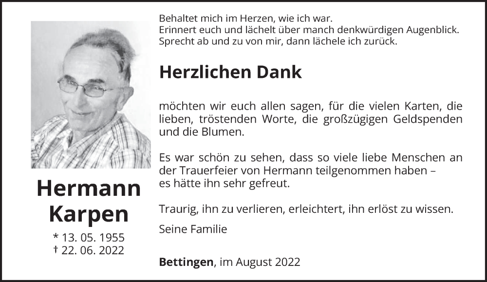  Traueranzeige für Hermann Karpen vom 13.08.2022 aus trierischer_volksfreund