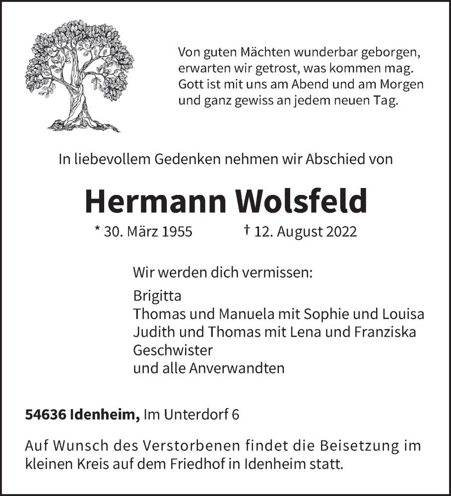  Traueranzeige für Hermann Wolsfeld vom 17.08.2022 aus trierischer_volksfreund