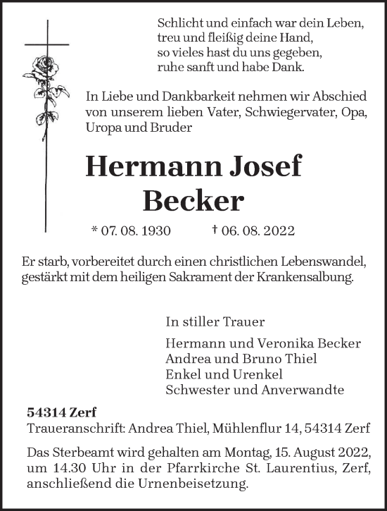Traueranzeige von Hermann Josef Becker von trierischer_volksfreund