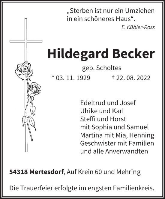 Traueranzeigen Von Hildegard Becker | Volksfreund.Trauer.de