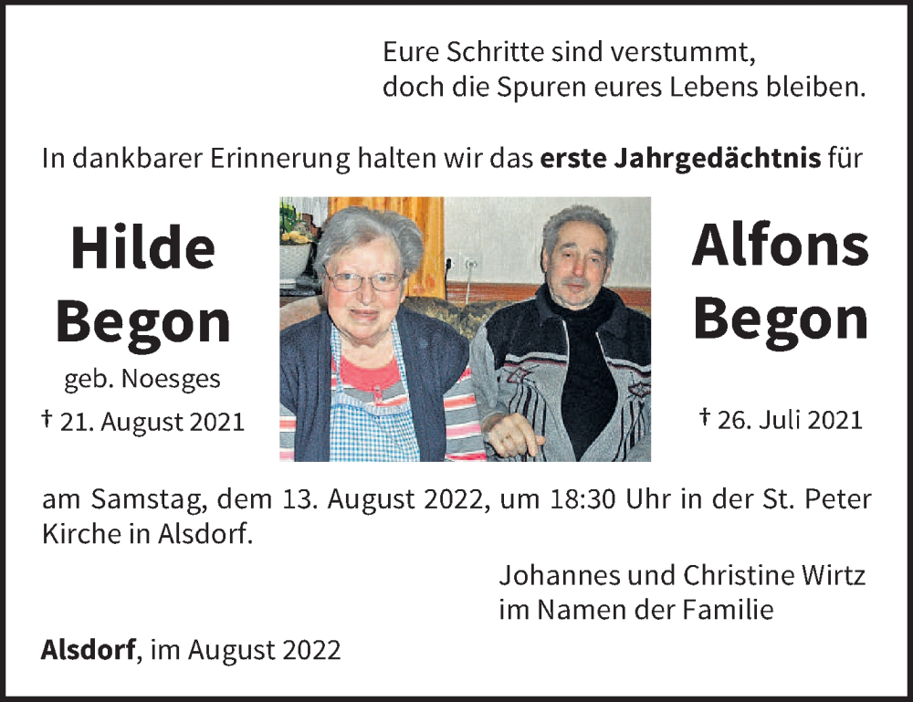  Traueranzeige für Hilde und Alfons Begon vom 06.08.2022 aus trierischer_volksfreund