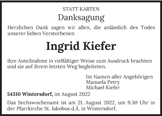 Traueranzeige von Ingrid Kiefer von trierischer_volksfreund