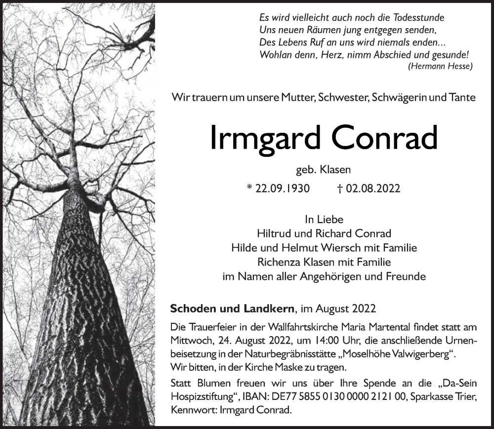  Traueranzeige für Irmgard Conrad vom 15.08.2022 aus trierischer_volksfreund