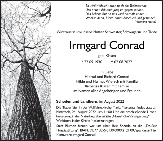 Traueranzeige von Irmgard Conrad von trierischer_volksfreund