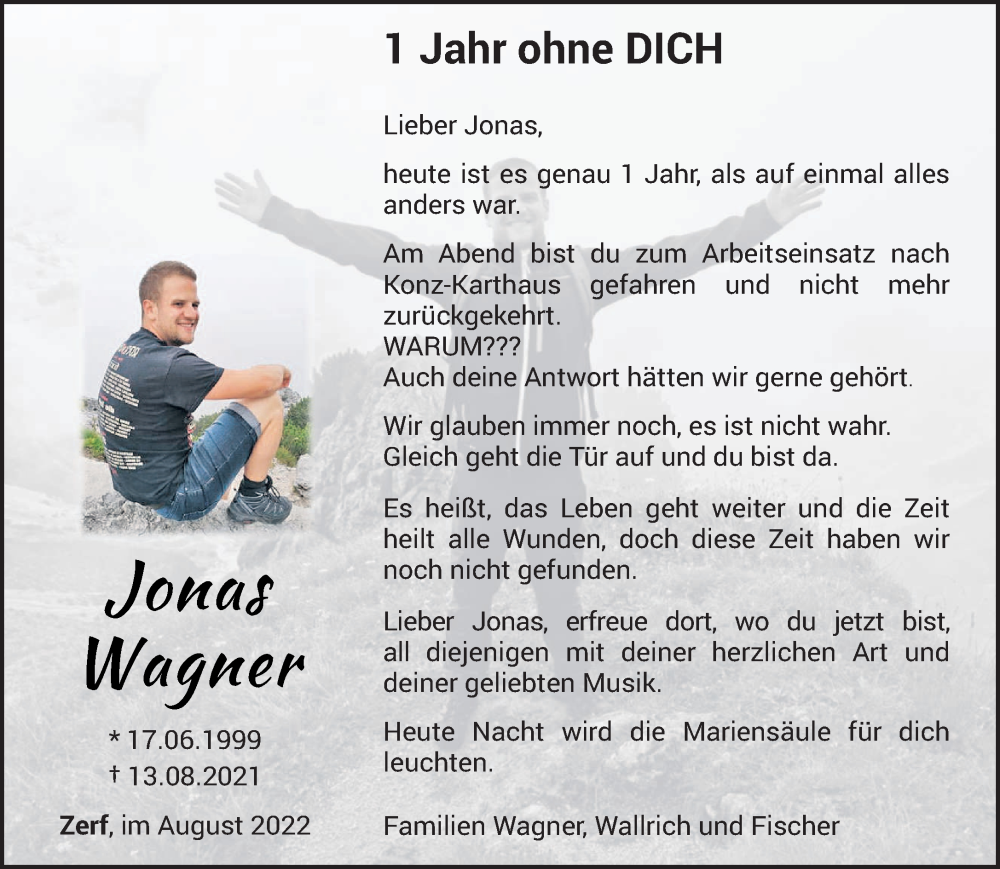  Traueranzeige für Jonas Wagner vom 13.08.2022 aus trierischer_volksfreund