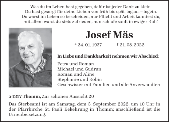 Traueranzeige von Josef Mäs von trierischer_volksfreund