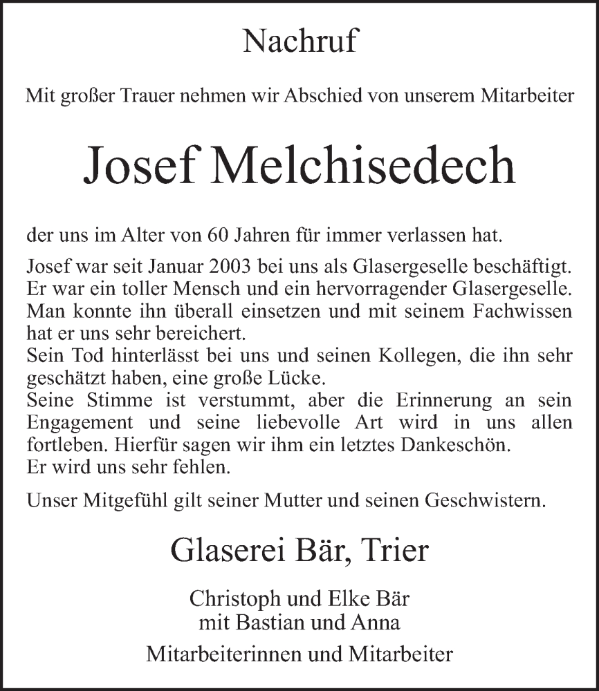  Traueranzeige für Josef Melchisedech vom 06.08.2022 aus trierischer_volksfreund